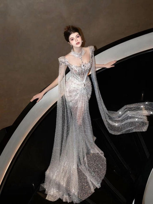 Vestido de novia brillante de sirena con lentejuelas, largo plateado, para novias, WD061