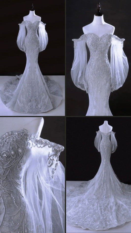 Vestido de novia brillante de sirena con hombros descubiertos y lentejuelas, largo plateado, WD065