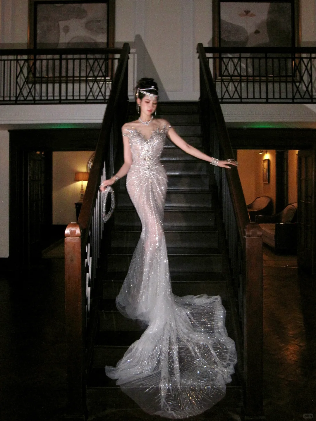 Vestido de novia sexy de sirena con lentejuelas y cuentas, largo plateado, WD068