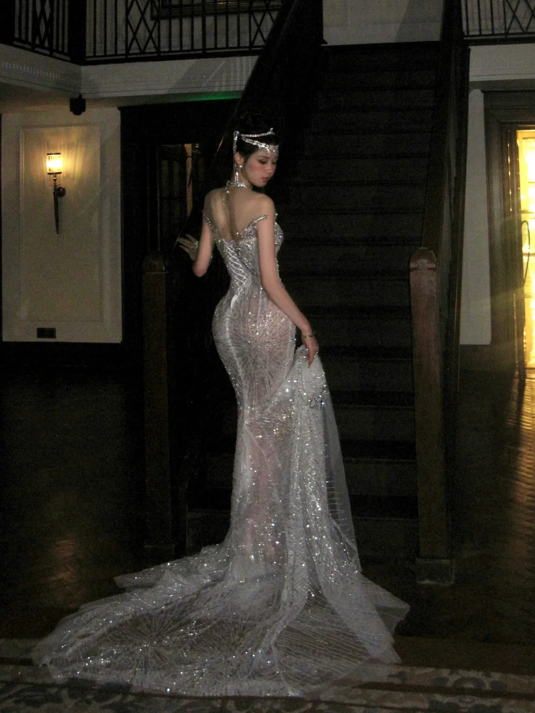 Vestido de novia sexy de sirena con lentejuelas y cuentas, largo plateado, WD068