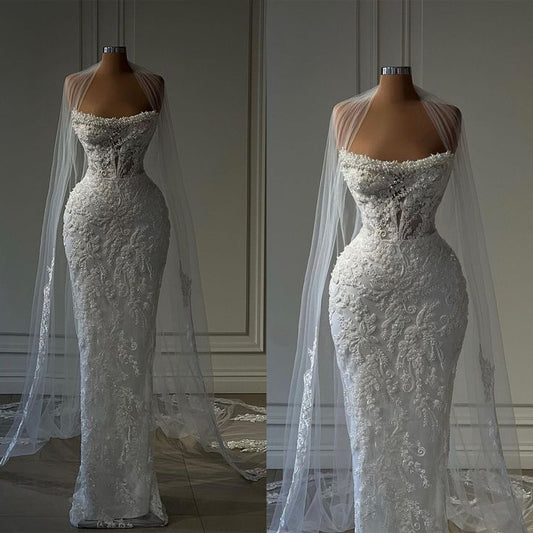 Vestido de novia modesto de sirena sin tirantes, con encaje, largo, blanco, WD069