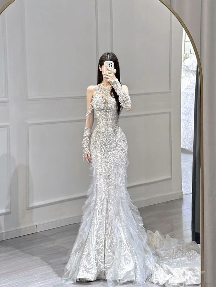 Vestido de novia modesto de corte sirena con escote redondo y encaje, largo, blanco, con guantes, WD070