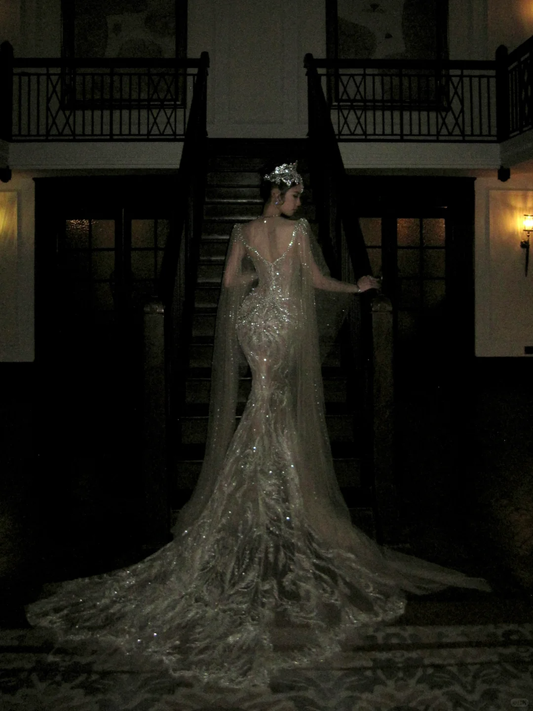 Hermoso vestido de novia de sirena con lentejuelas blancas, largo y lujoso, WD077