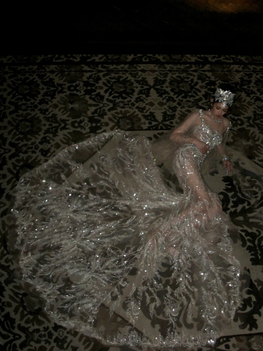 Hermoso vestido de novia de sirena con lentejuelas blancas, largo y lujoso, WD077