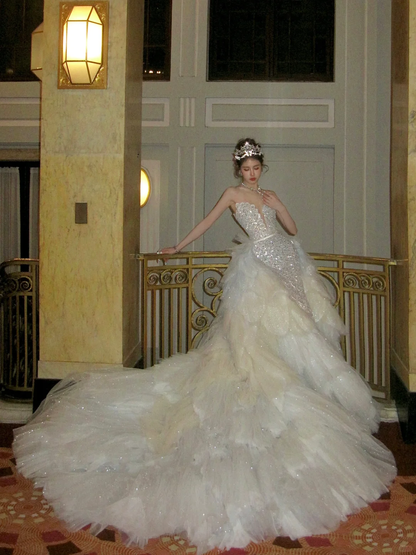 Hermoso vestido de novia blanco largo con escote corazón y lentejuelas, de lujo, WD078