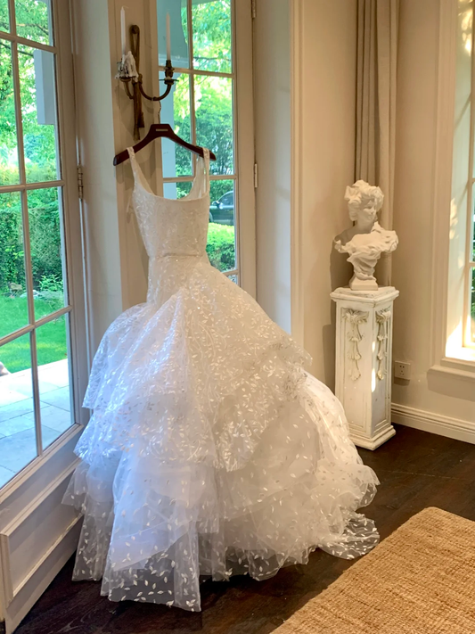 Hermoso vestido de novia de lujo, largo, blanco, con escote cuadrado y lentejuelas, WD080
