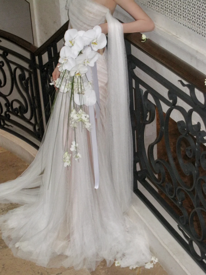 Vestido de novia sencillo con hombros descubiertos, largo de verano, de tul blanco, WD081