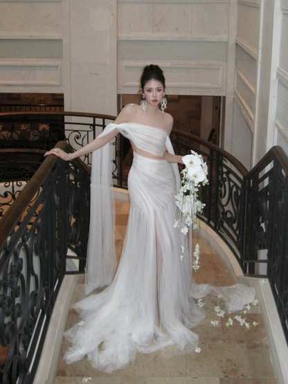 Vestido de novia sencillo con hombros descubiertos, largo de verano, de tul blanco, WD081