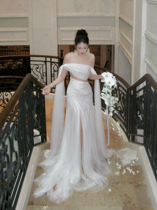 Vestido de novia sencillo con hombros descubiertos, largo de verano, de tul blanco, WD081