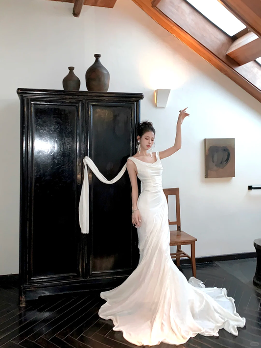 Vestido de novia sencillo de sirena con hombros descubiertos, largo de verano, de satén blanco, para novia, WD082