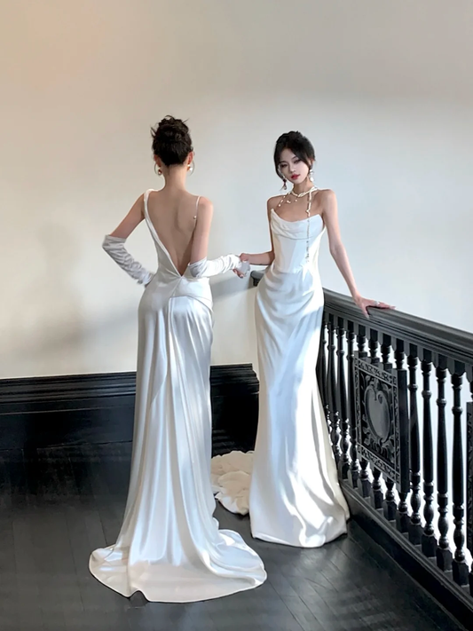 Vestido de novia sencillo de sirena sin tirantes, largo de verano, de satén blanco, para novia, WD084