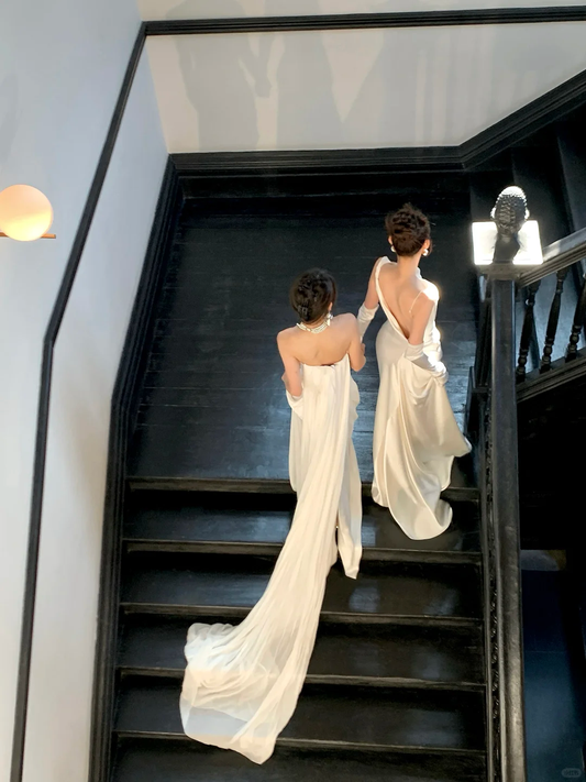 Vestido de novia sencillo de sirena sin tirantes, largo de verano, de satén blanco, para novia, WD084