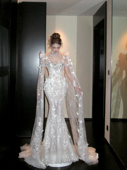 Hermoso vestido de novia de sirena, escote redondo, encaje, lentejuelas, blanco, largo, de lujo, WD088