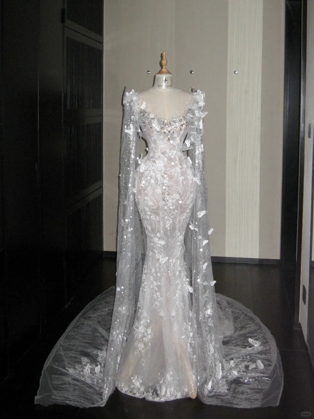 Hermoso vestido de novia de sirena, escote redondo, encaje, lentejuelas, blanco, largo, de lujo, WD088