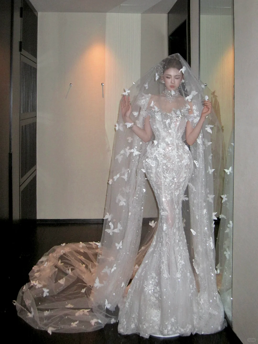 Hermoso vestido de novia de sirena, escote redondo, encaje, lentejuelas, blanco, largo, de lujo, WD088