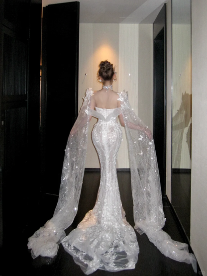 Hermoso vestido de novia de sirena, escote redondo, encaje, lentejuelas, blanco, largo, de lujo, WD088