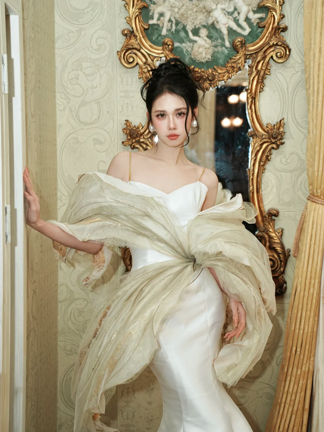 Hermoso vestido de novia de sirena con tirantes finos, blanco, largo, de lujo, WD089