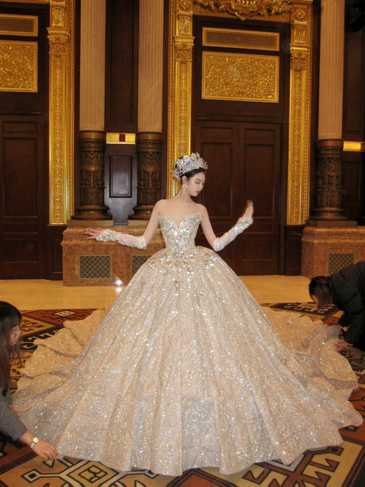 Hermoso vestido de novia de lujo, largo, con escote corazón y lentejuelas doradas, WD091