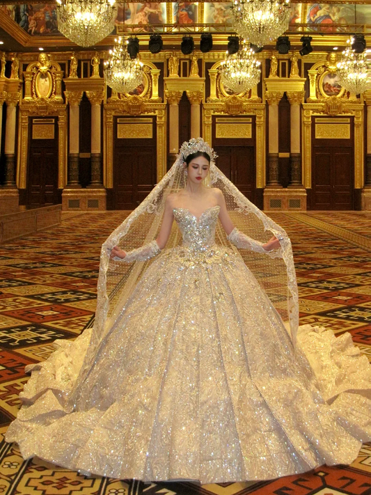 Hermoso vestido de novia de lujo, largo, con escote corazón y lentejuelas doradas, WD091