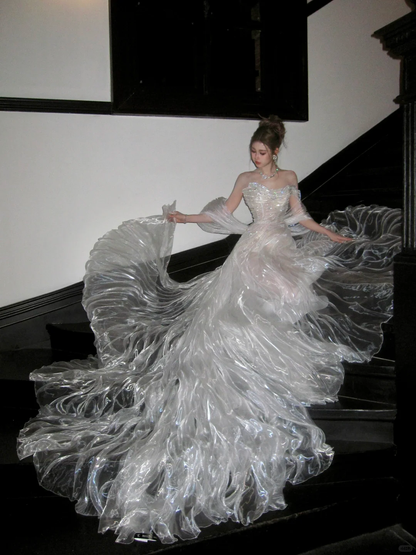 Hermoso vestido de novia de sirena con escote corazón, blanco, largo, de lujo, WD096