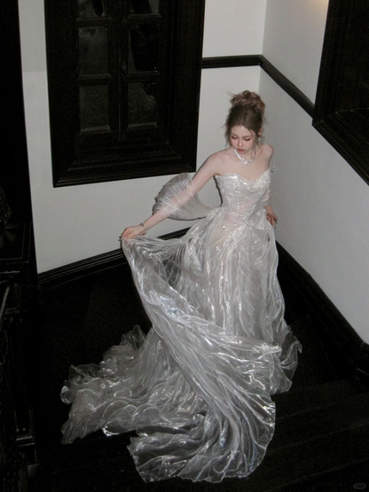 Hermoso vestido de novia de sirena con escote corazón, blanco, largo, de lujo, WD096