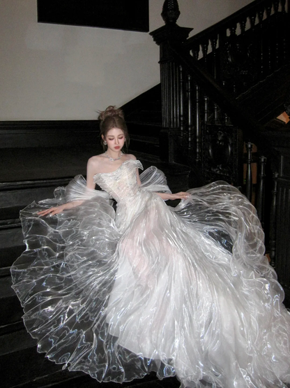 Hermoso vestido de novia de sirena con escote corazón, blanco, largo, de lujo, WD096