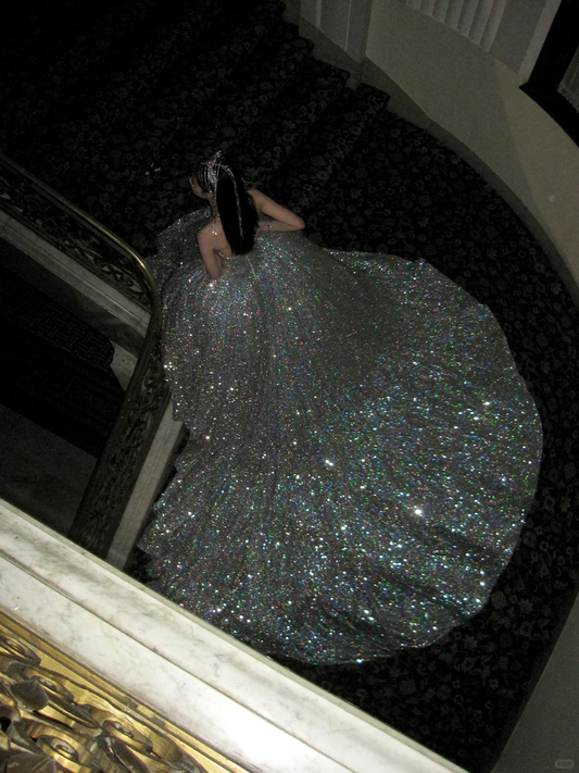Hermoso vestido de novia de lujo, sin tirantes, con lentejuelas plateadas, largo, WD098
