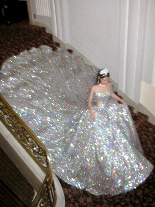Hermoso vestido de novia de lujo, sin tirantes, con lentejuelas plateadas, largo, WD098
