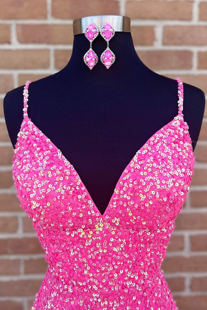 Vestido corto de fiesta con tirantes finos, lentejuelas rosas y espalda cruzada