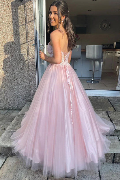 A Line Sweetheart Pink Corset Prom Dress with Appliques