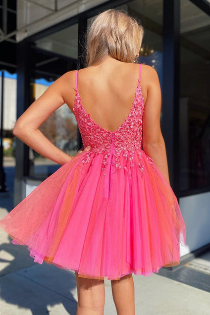 Vestido corto de fiesta de tul rosa intenso con corte en A y encaje