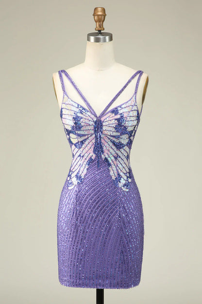 Charming Sheath Spaghetti Straps Purple Sequins Design A-line Homecoming Dress TP3645