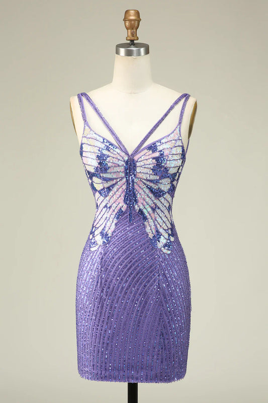 Vestido de fiesta de corte A con tirantes finos y lentejuelas moradas TP3645