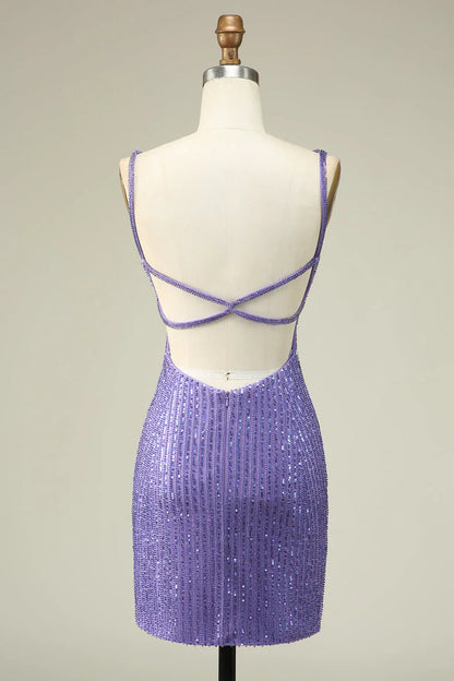 Charming Sheath Spaghetti Straps Purple Sequins Design A-line Homecoming Dress TP3645