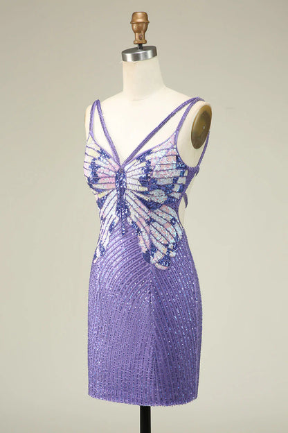 Charming Sheath Spaghetti Straps Purple Sequins Design A-line Homecoming Dress TP3645