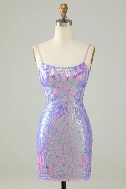 Chic Light Purple Sequin Lace-up Design A-line Spaghetti Strap Homecoming Dress TP3627