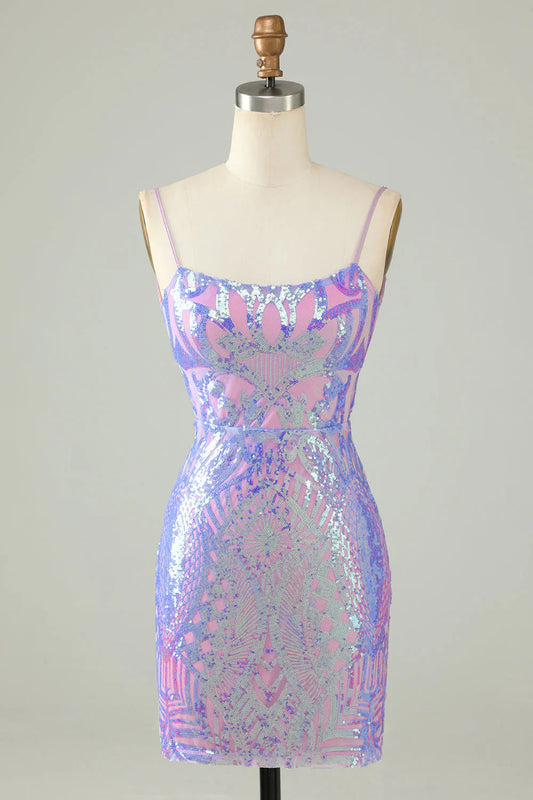 Vestido de fiesta elegante en morado claro con lentejuelas, diseño de encaje, corte A y tirantes finos TP3627