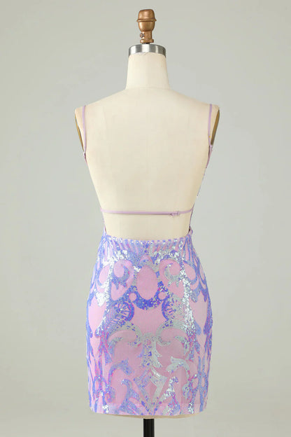 Chic Light Purple Sequin Lace-up Design A-line Spaghetti Strap Homecoming Dress TP3627