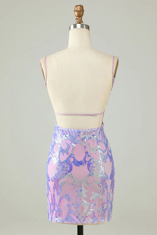 Vestido de fiesta elegante en morado claro con lentejuelas, diseño de encaje, corte A y tirantes finos TP3627