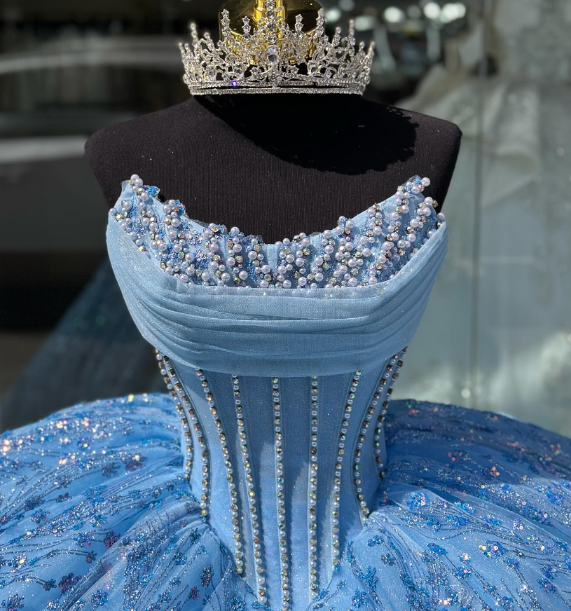 Blue Tulle Appliques Beaded Ball Gown Sweet 16 Dress Quinceanera Dress SH2121