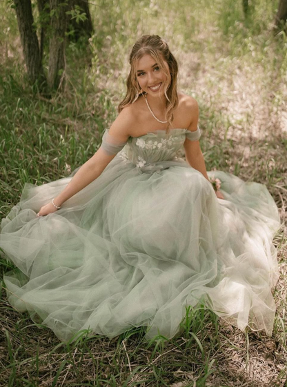 2025 New A Line Off the Shoulder Appliques Tulle Long Prom Dress Evening Dress SH2228