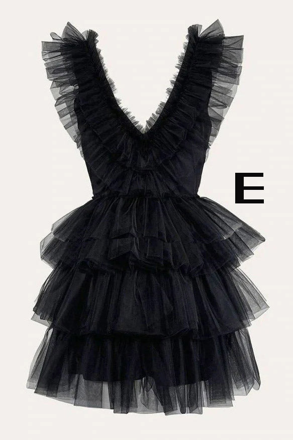 Vestido de fiesta rosa con escote en V y corte A, con capas, de tul, corto