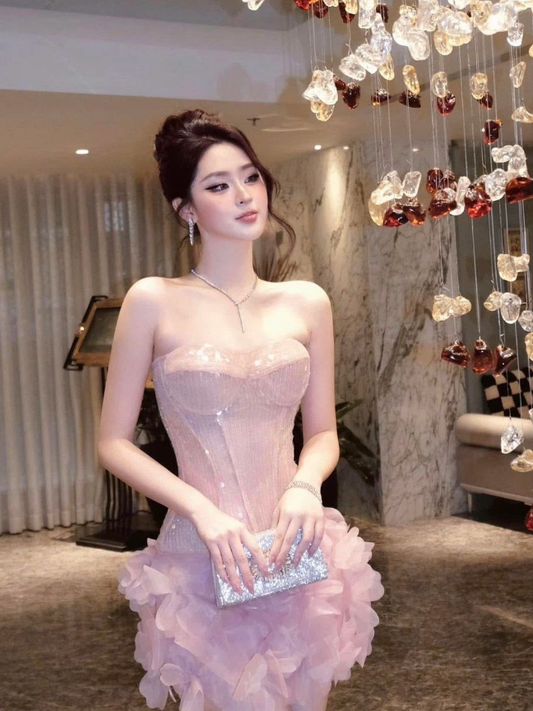 Stunning A Line Strapless Pink Sequin Chiffon Homecoming Dress Cocktail Dress SH3215