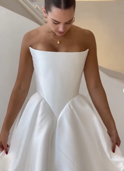 shopuniqlos-White satin off-the-shoulder long floor-length wedding dress prom dress gh5394