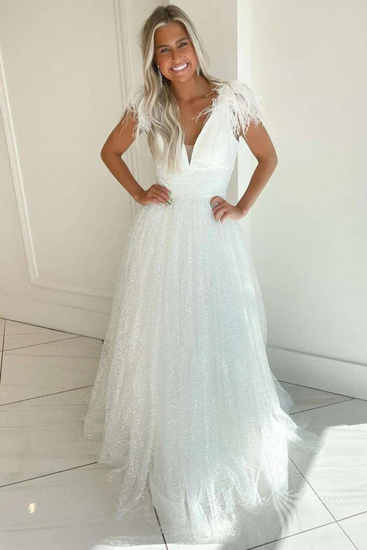 Light Blue Long Prom Dresses With Feathers High Slit V Neck Graduation Dress GP467