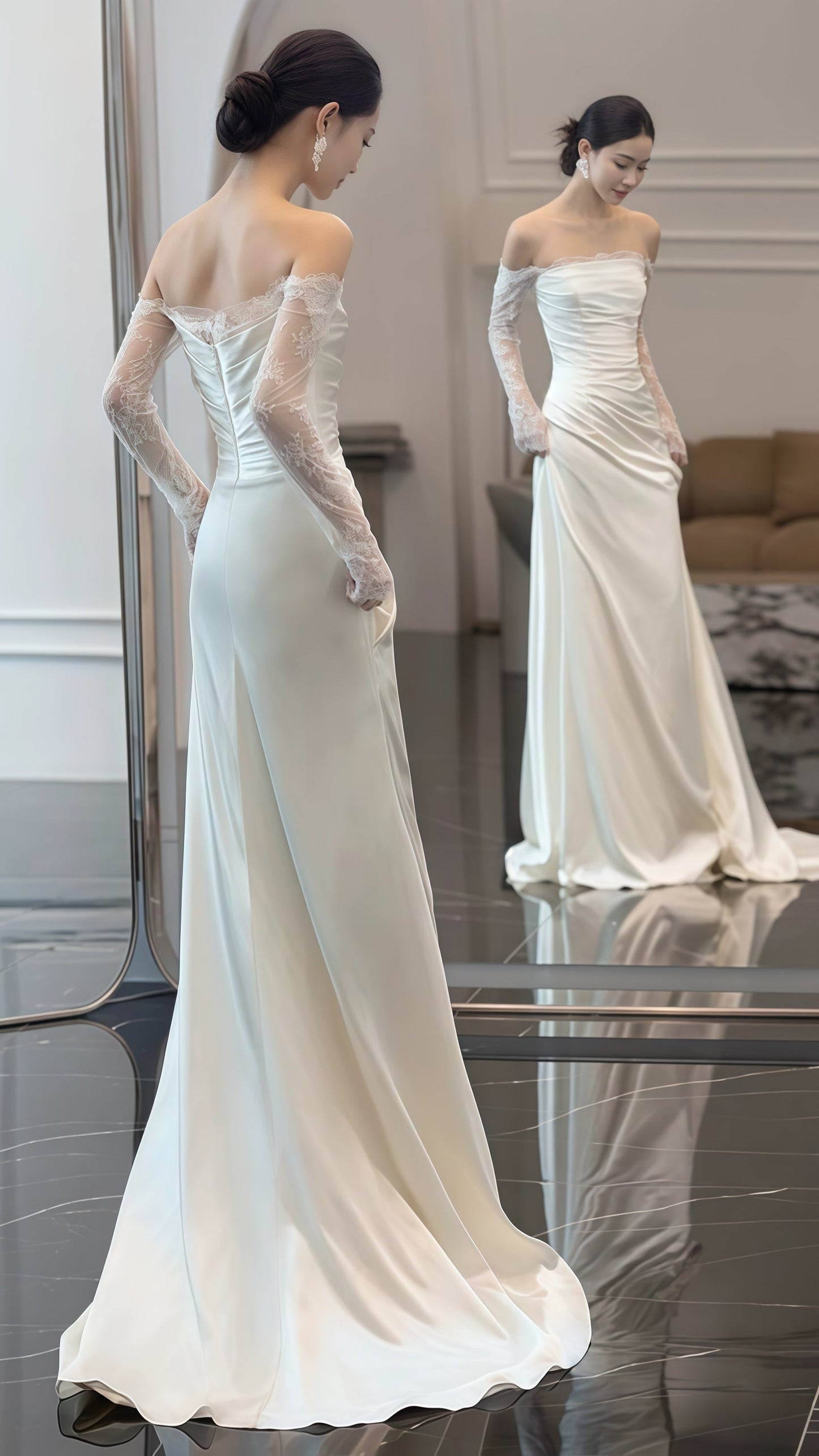 White Satin Lace Sheath Wedding Dresses, Long Sleeves Bridal Dress,AST1787