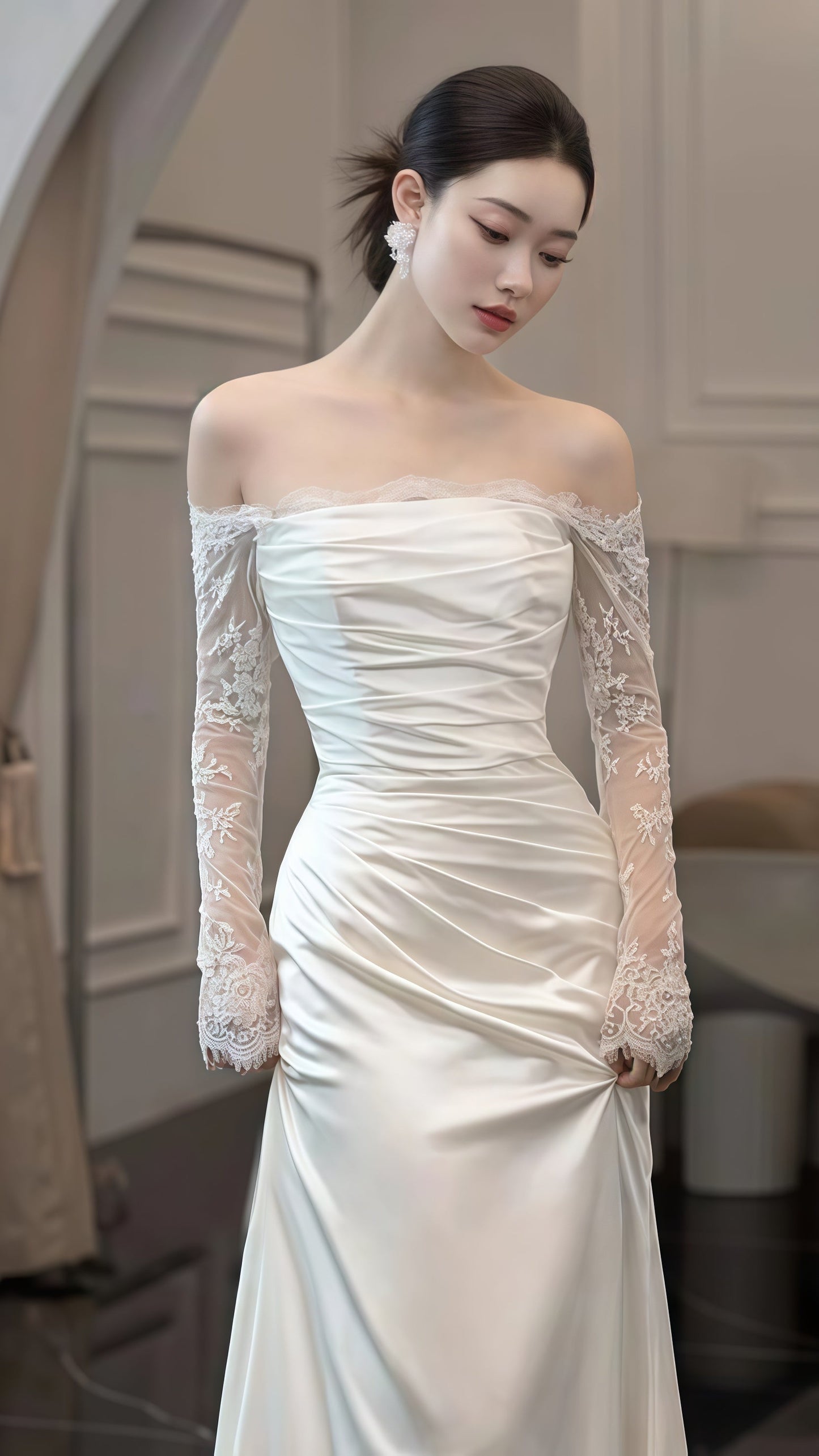 White Satin Lace Sheath Wedding Dresses, Long Sleeves Bridal Dress,AST1787