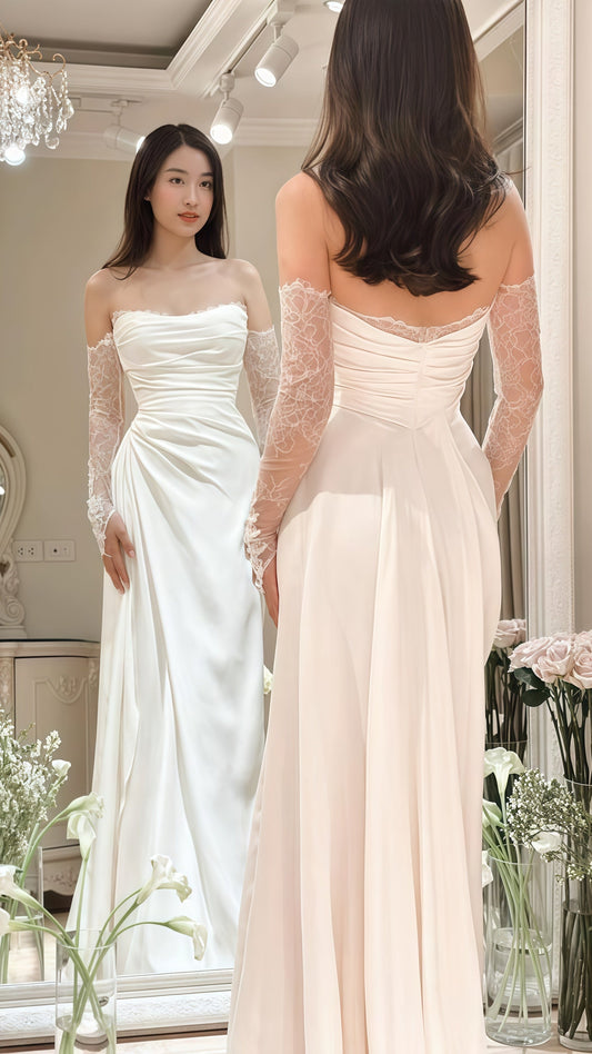 White Satin Lace Sheath Wedding Dresses, Long Sleeves Bridal Dress,AST1787
