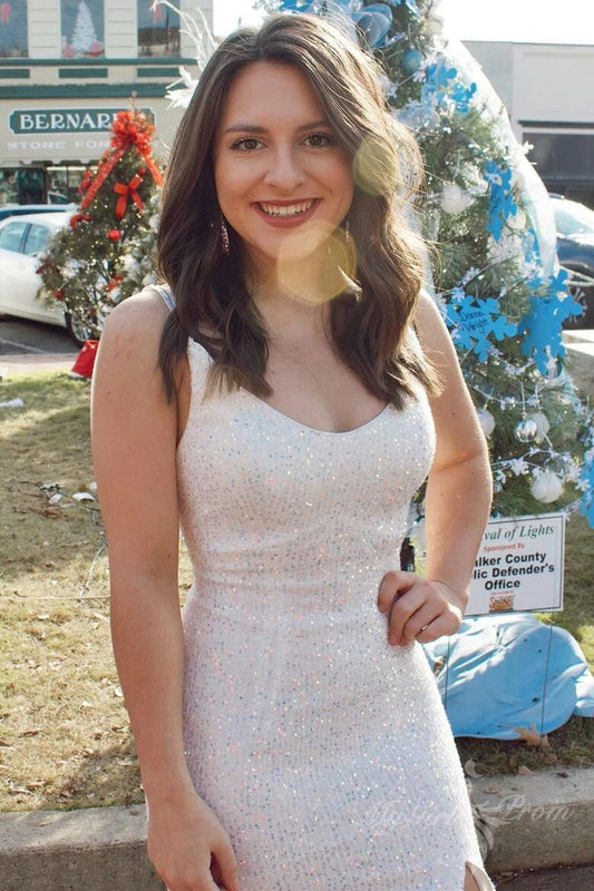 White Sequin V Neck Mermaid Long Prom Dress, Sparkly Slit Evening Gown GP461