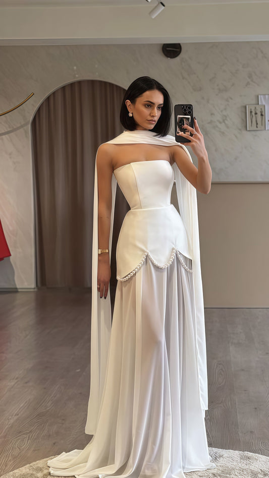 White Sheath Chiffon Satin Wedding Dress, Pearl Beaded Strapless Bridal Dress,AST1760